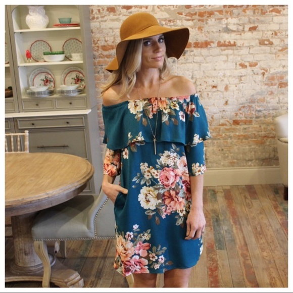 Teal Floral Ruffle Off Shoulder Dress - Picture 2 of 4